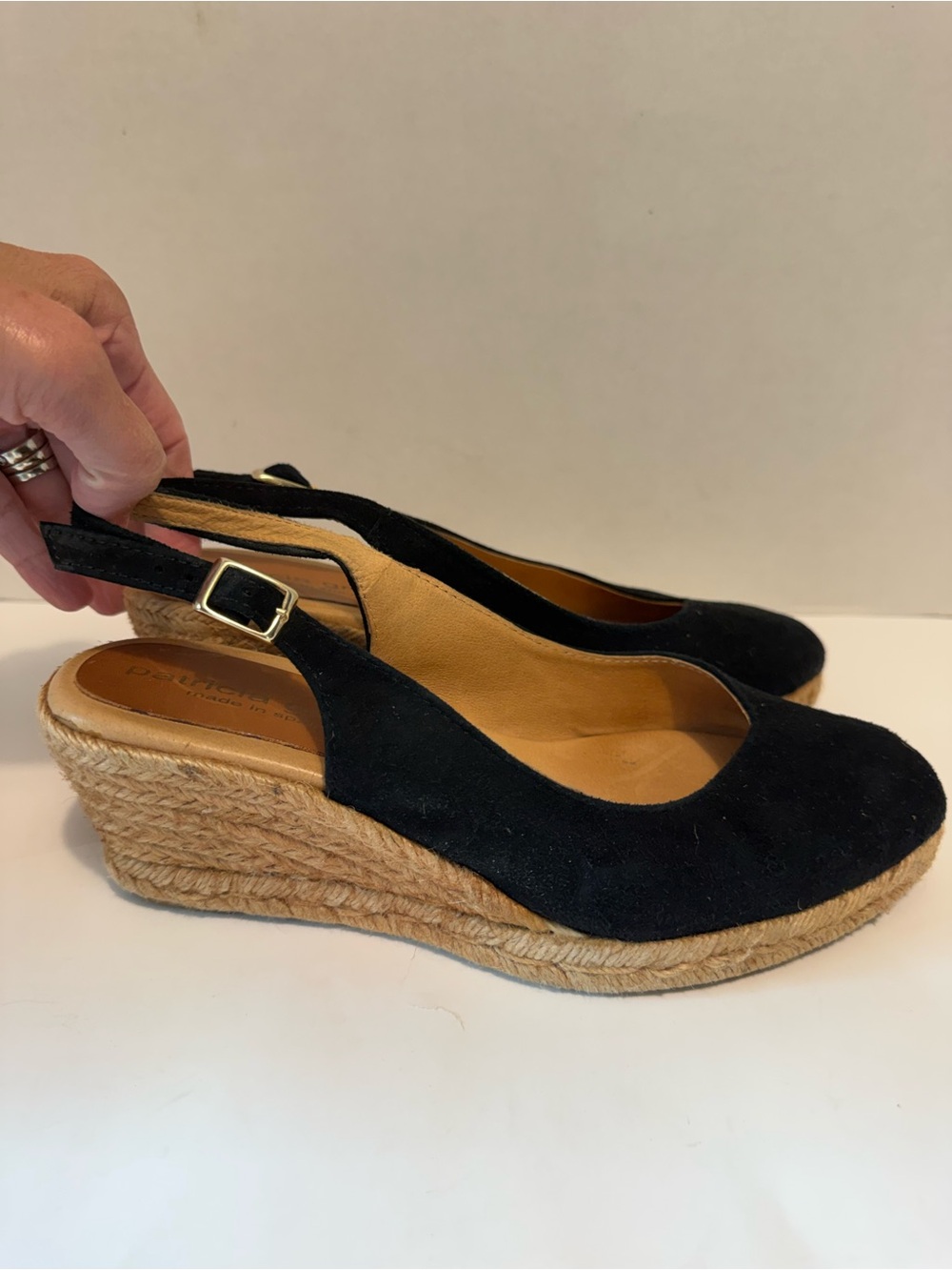 Patricia Green black suede espadrille wedge slingback buckle sandals ladies 8